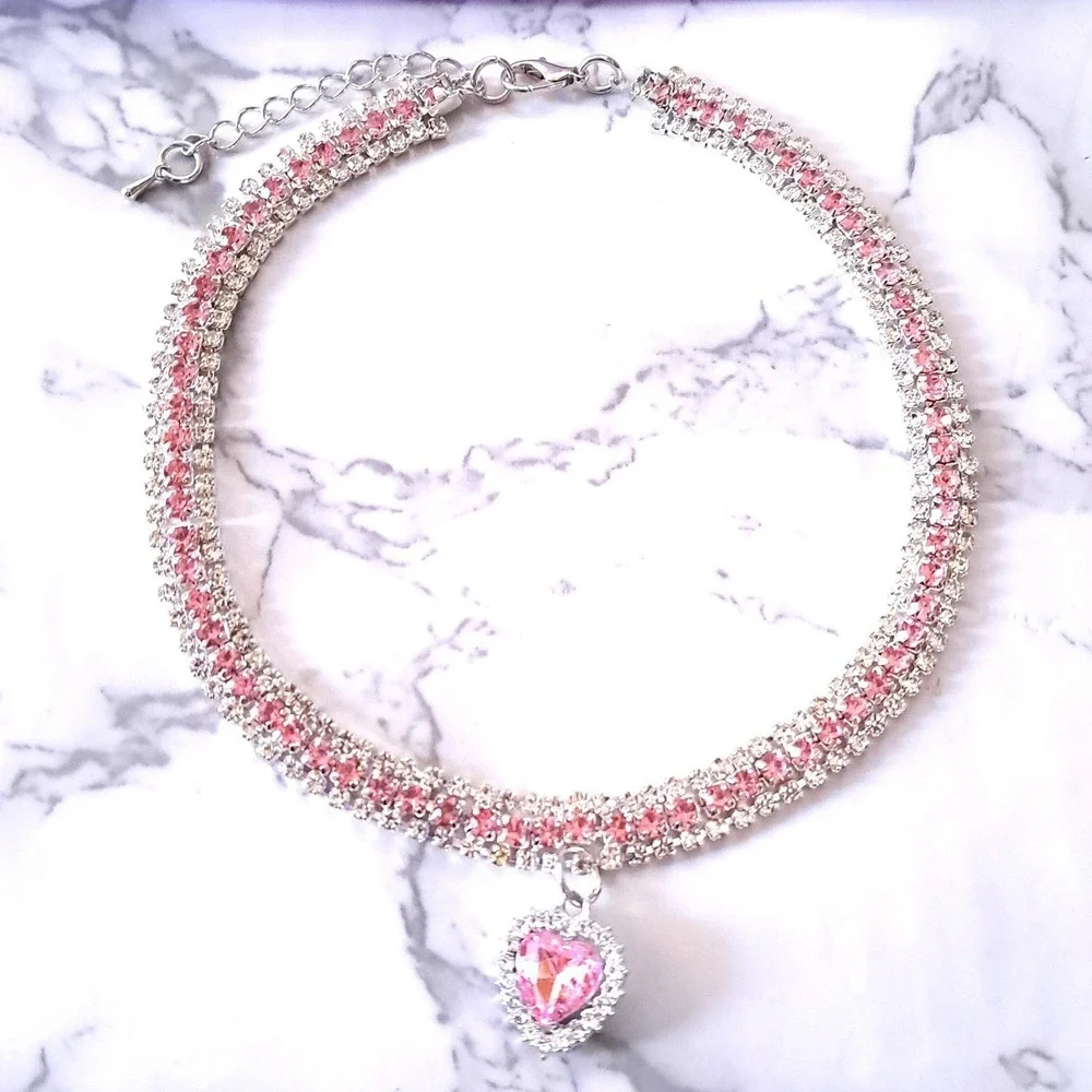 New Quirky Lizard Rhinestone Heart Collar Necklace Dog Cat XL Pink Silver Choker